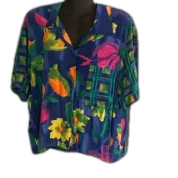 2X CM Shapes pink blue yellow floral print short sleeve button up shirt - Picture 1 of 15